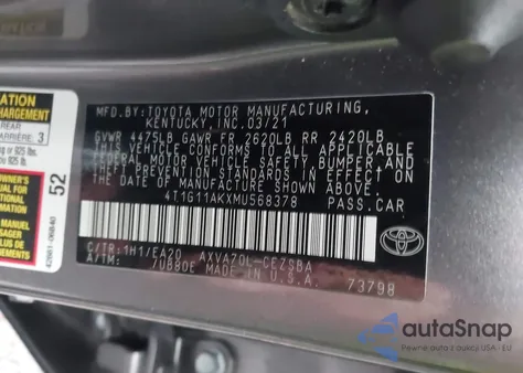 2021 Toyota Camry Se из США, поврежденный, VIN 4T1G11AKXMU568378